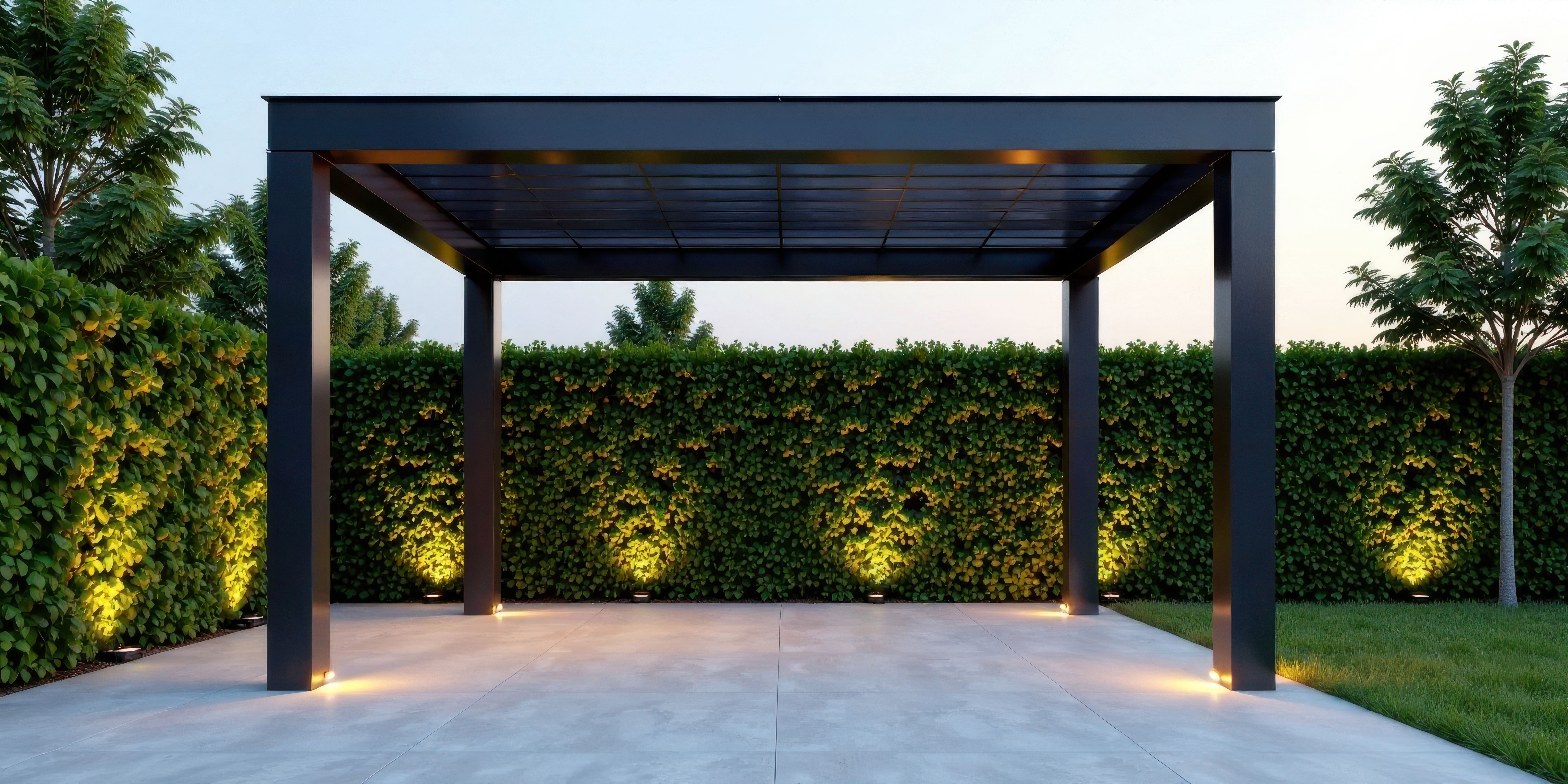 A rooftop patio with smart ambient lighting and a weather-adaptive pergola that closes automatically during rain